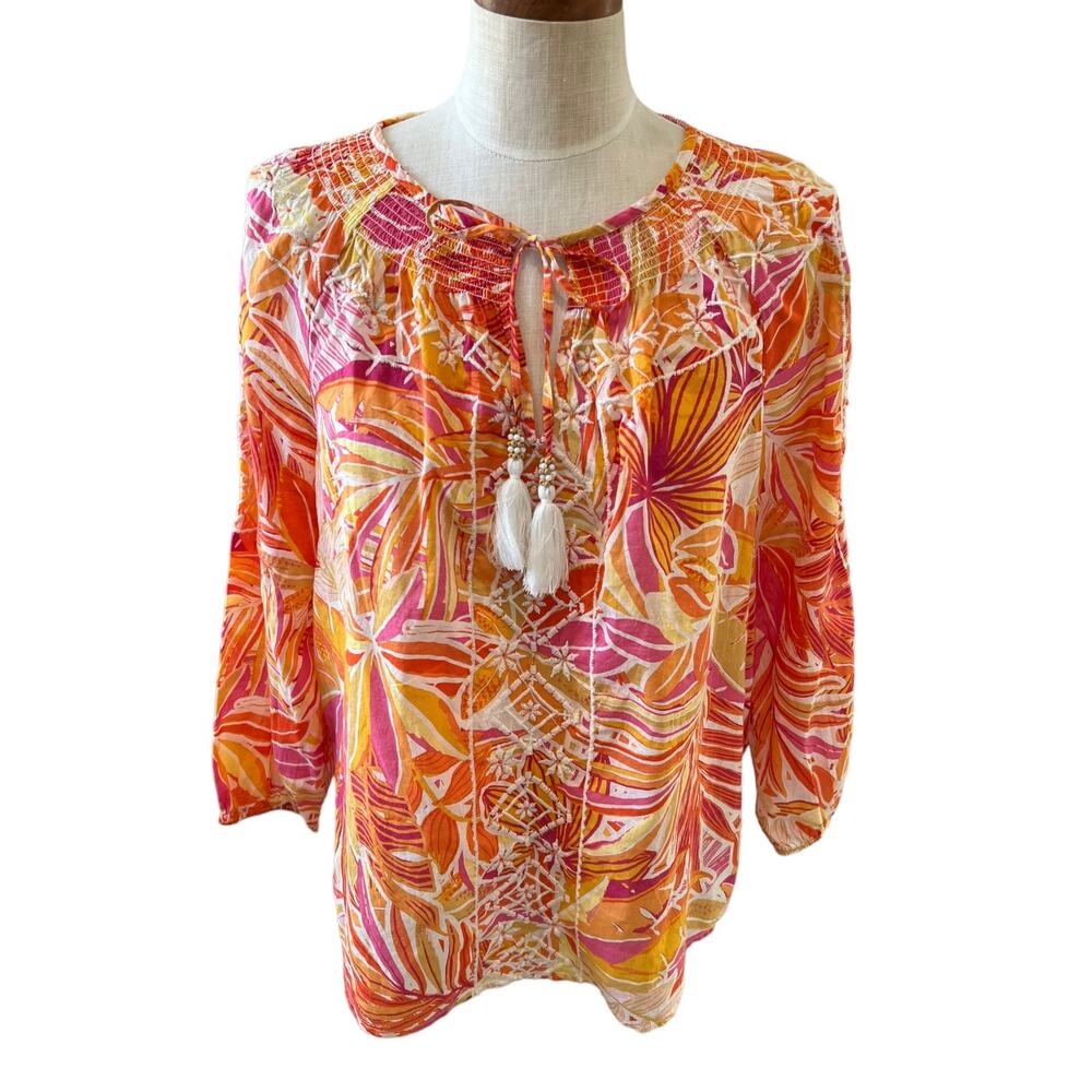 C&C California Long Sleeve Tassel Detail Top Pink Orange Tropical Print M